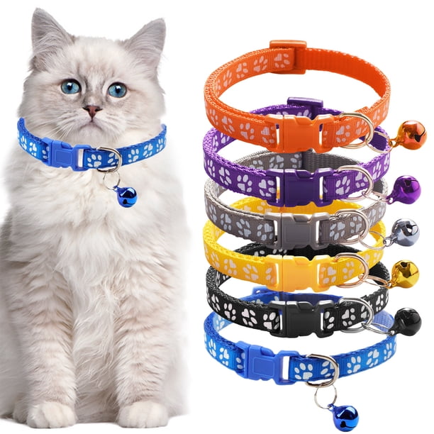 Calentador De Cuello De Poliéster Collar ajustable para gatos con cierre de seguridad, tira reflectante y cascabel para gatitos, diseño de huella de pata (negro, 1 pieza). Rkxzt
