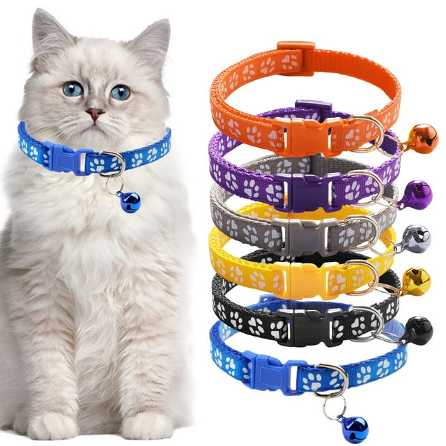 Calentador De Cuello De Poliéster Collar ajustable para gatos con cierre de seguridad, tira reflectante y cascabel para gatitos, diseño de huella de pata (negro, 1 pieza). Rkxzt