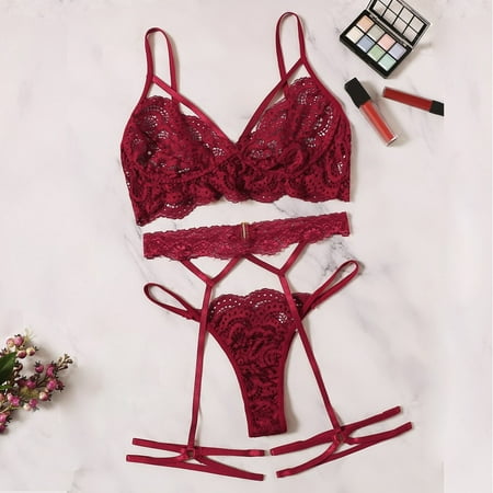

Fall Clearance! Suokom Sexy Lingerie for Women Bra and Panty Set Lace Bralettes Underwear Leg Ring Thong Red XL