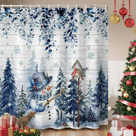 Blue Christmas Shower Curtain, Snowman Eucalyptus Leaves Snowflake Wooden Waterproof Fabric Shower Curtains with 12 Hooks, Bathroom Curtain Set for Bathroom Accessories Decor, 66 x 72 Inches