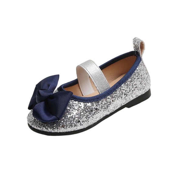 hoksml Toddler Girls Glitter Mary Jane Flats with Big Bow Decor, Elastic Strap Sparkly Dress Shoes for Wedding Party and Special Occasions