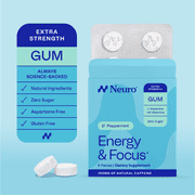Neuro Energy & Focus Extra Strength Peppermint Gum 3-pack, 40mg Natural Caffeine Gum & Nootropic Energy Supplement with L-Theanine & B Vitamins - Sugar Free, Vegan, 18 Piece count