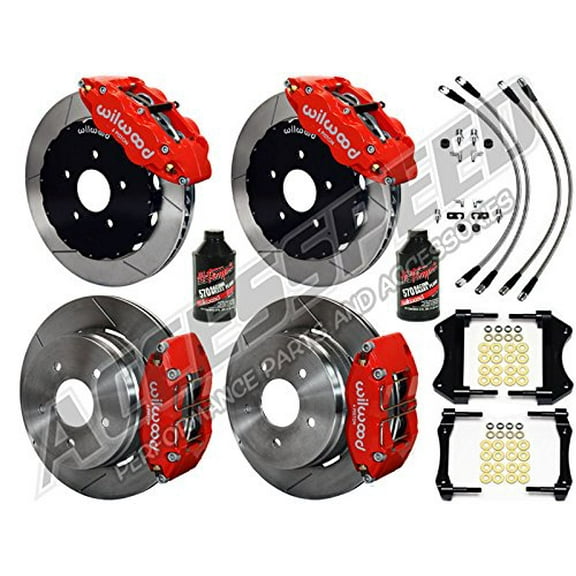 WILWOOD 2004-2006 PONTIAC GTO FRONT & REAR 14 BIG BRAKE KIT WITH FREE BRAKE LINES & BRAKE FLUID - RED CALIPERS, 14 SUPERLITE FRONT & 12.2 DYNAPRO REAR SLOTTED ROTORS, 2004 2005 2006 PONTIAC GTO