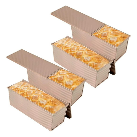 Pullman Loaf Pan with Lid, 4 Pack Non-Stick Black Bread Loaf Pans for Homemade Bread Carbon Steel Bread Toast Box with Cover for Bakeware Bread Toast Oven Baking Gold