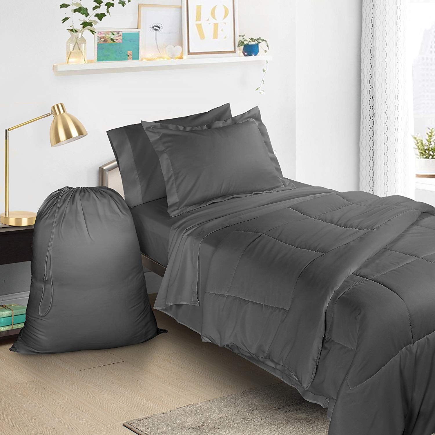 Includes Laundry Bag! College Dorm Twin XL Bed In a Bag 6 Piece Bedding Set 