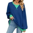 thumbnail image 4 of Long Tunic Tops for Women Winter Loose Crewneck Long-sleeved Bell Cold Shoulder Zipperless Colorblock Pullover Cotton Sweatshirt Sweatshirts(Blue,M), 4 of 9