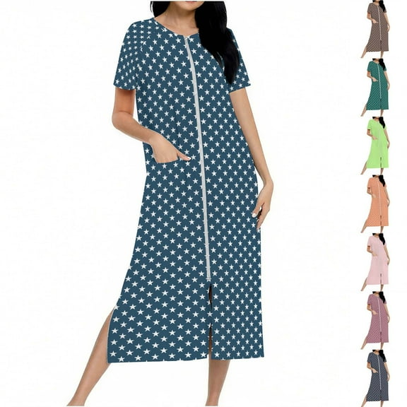 Miluxas Zip up Robe for Women Long Housecoat Knit Bathrobes Star Print Cozy Full Length Nightgown with Pockets Red XL(XL)