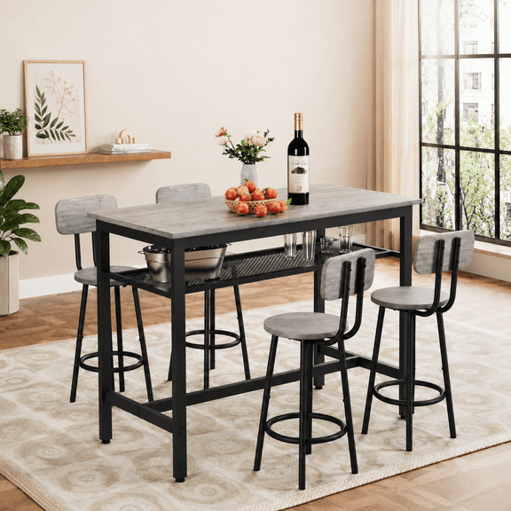 Counter Height Dining Table Set for 4, 5 Pieces High Top Table and Chairs, Large Load-bearing Kitchen Table and Stools, Bistro Table Pub Bar Set for Small Space, Leather Cushion Chairs