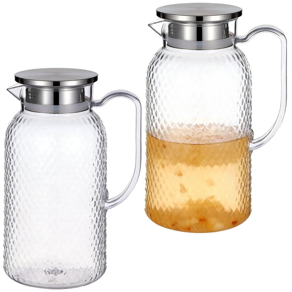 2 PCS 1.8L Clear Pitcher, Stainless Steel Strainer Lid, Clear Water Jug for Fridge Storage, Large Drink Pitchers for Iced Tea Juice Sangria, Lemonade Milk Coffee Hot Cold Beverages, Easy-Pour Handle