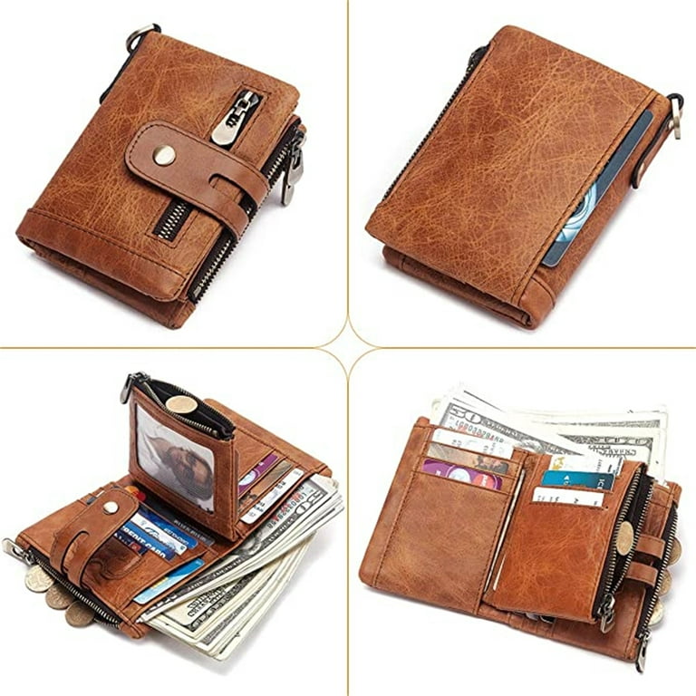 Dicasser RFID Blocking Mens Wallet Men's Genuine Leather Wallet and Zipper  Coin Pocket Bifold Purse with Chain Credit Card Holder Genuine Leather