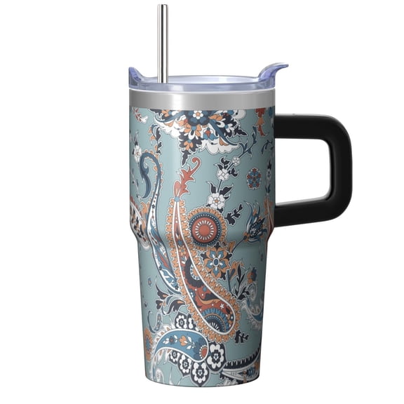 20 Oz Paisley Insulated Tumbler Stainless Steel with Handle Straw Lid for Iced Coffee and More