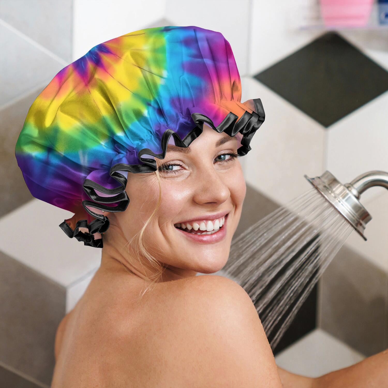 Shower Caps,Rainbow Tie Dye Mandala Pattern Waterproof Shower Cap for Women 4 Pieces,Double Reusable Hair Cover for Shower PEVA Elastic Stretch Hem