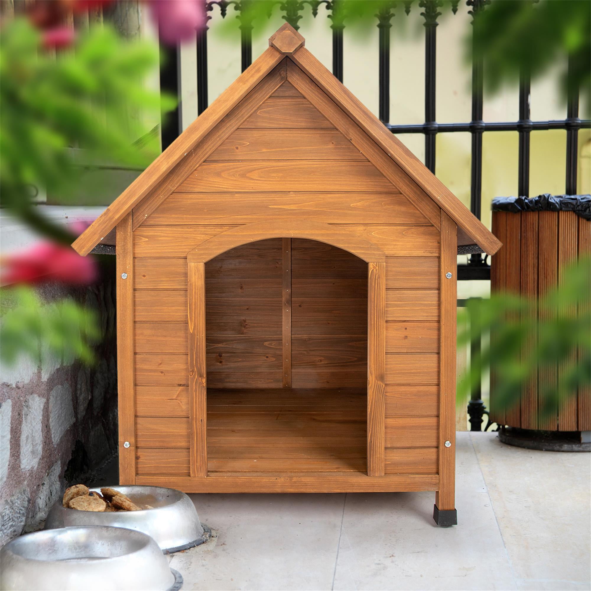 Pefilos 39" Outdoor Wood Dog House with Elevated Floor, Puppy Kennel Waterproof Pet Cat Shelter, Brown