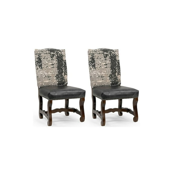 Set of 2 Gray and Black Dining Chairs Solid Wood with Chenille and Leather
