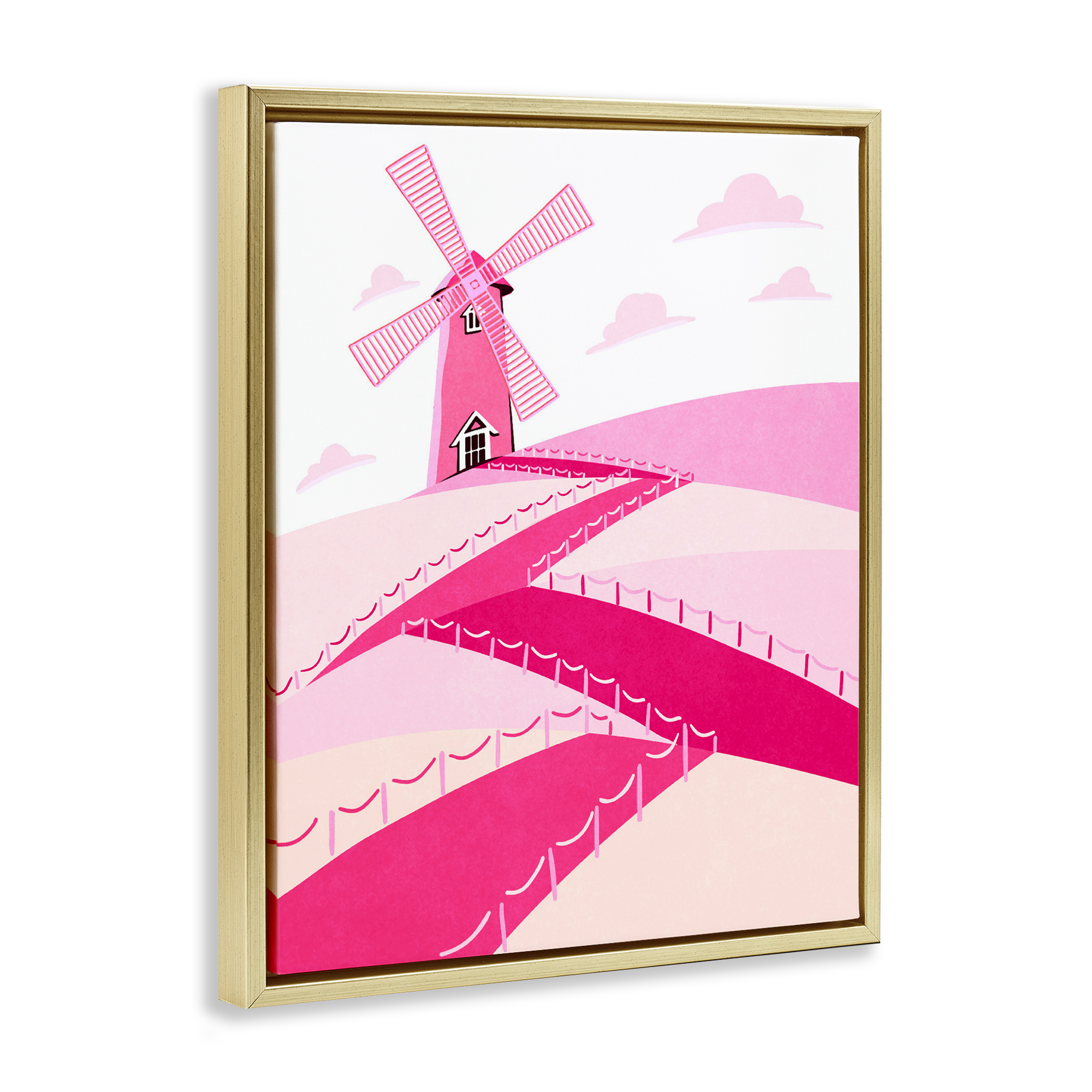 Pink Hills and Windmill Gold Framed Floater Canvas Wall Art, design by Ziwei Li
