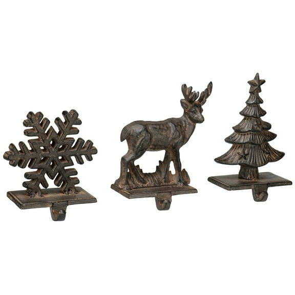 Red Co. Set of 3 Snowflake, Reindeer & Christmas Tree Decorative Cast Iron Stocking Holders in Old Bronze Finish