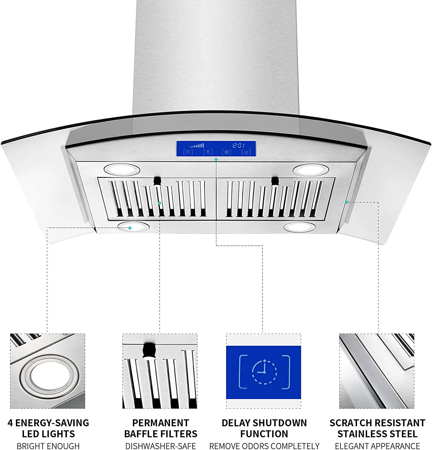 30 inch Island Mount Range Hood 700CFM Stainless Steel Touch Control Kitchen Vent Hood Island Range Hood 30 Inch 700 CFM Gesture & Touch Control Ceiling Mount Stainless Steel Kitchen Vent Hood, Kitch