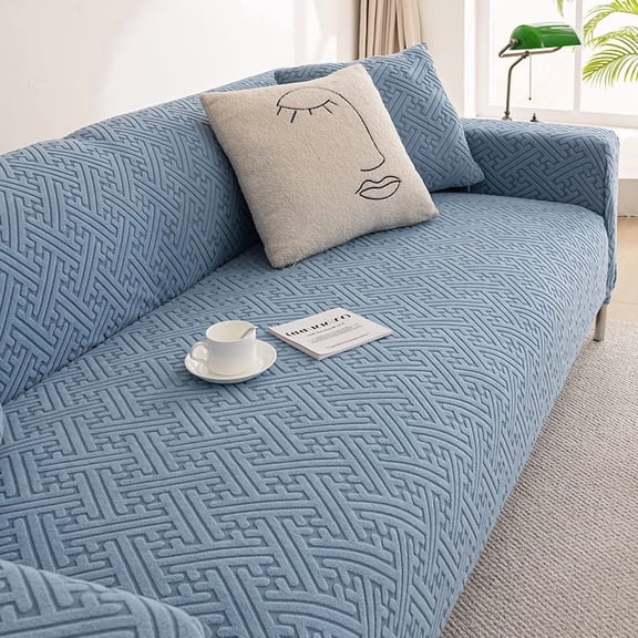 suxuMhao 3D Line Jacquard Sofa Cover, Blue Stretch Washable Couch Cover Protector Para Sofa, 5 Seater Oversized Cover 120-141 Inches, Furniture Protector Slipcover for Sofa, 1 Piece