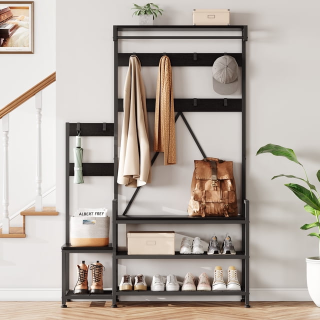 Coat Rack with Shoe Storage Bench – Metal Frame Organizer with Hooks, Storage Cubbies, Hanging Bar, Top Shelf for Entryway or Living Room