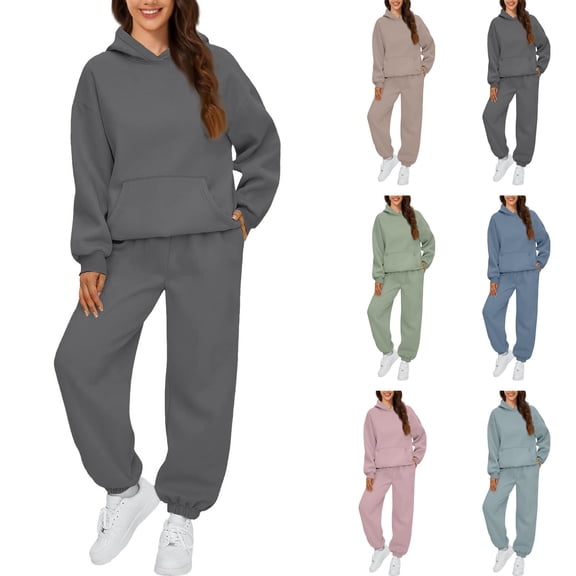 Womens 2 Piece Outfits Hoodie Sweatsuit Sets Over Sized Sweatshirt Baggy Fall Fashion Sweatpants with Pockets, for Winter Lounge and Casual Activities,Coffee,L