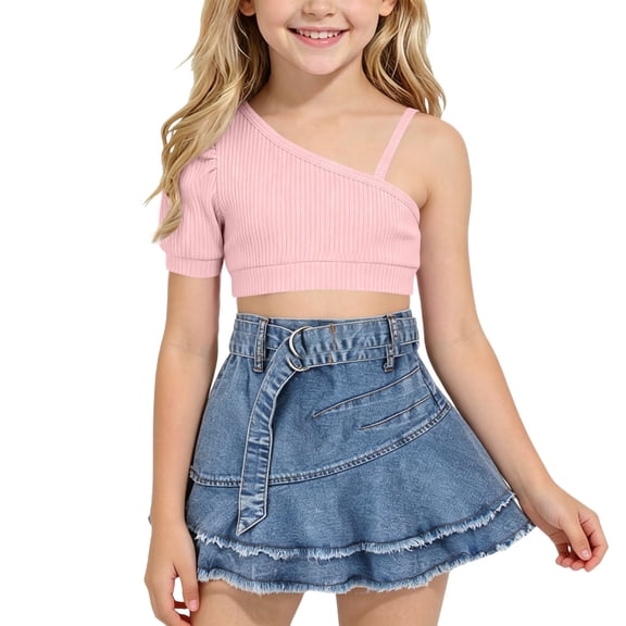 FSYBOA Girls Cotton Outfit Sets Size 7T, 2 Piece Casual Summer Fashion Kids Tops and Skirts Set Pink