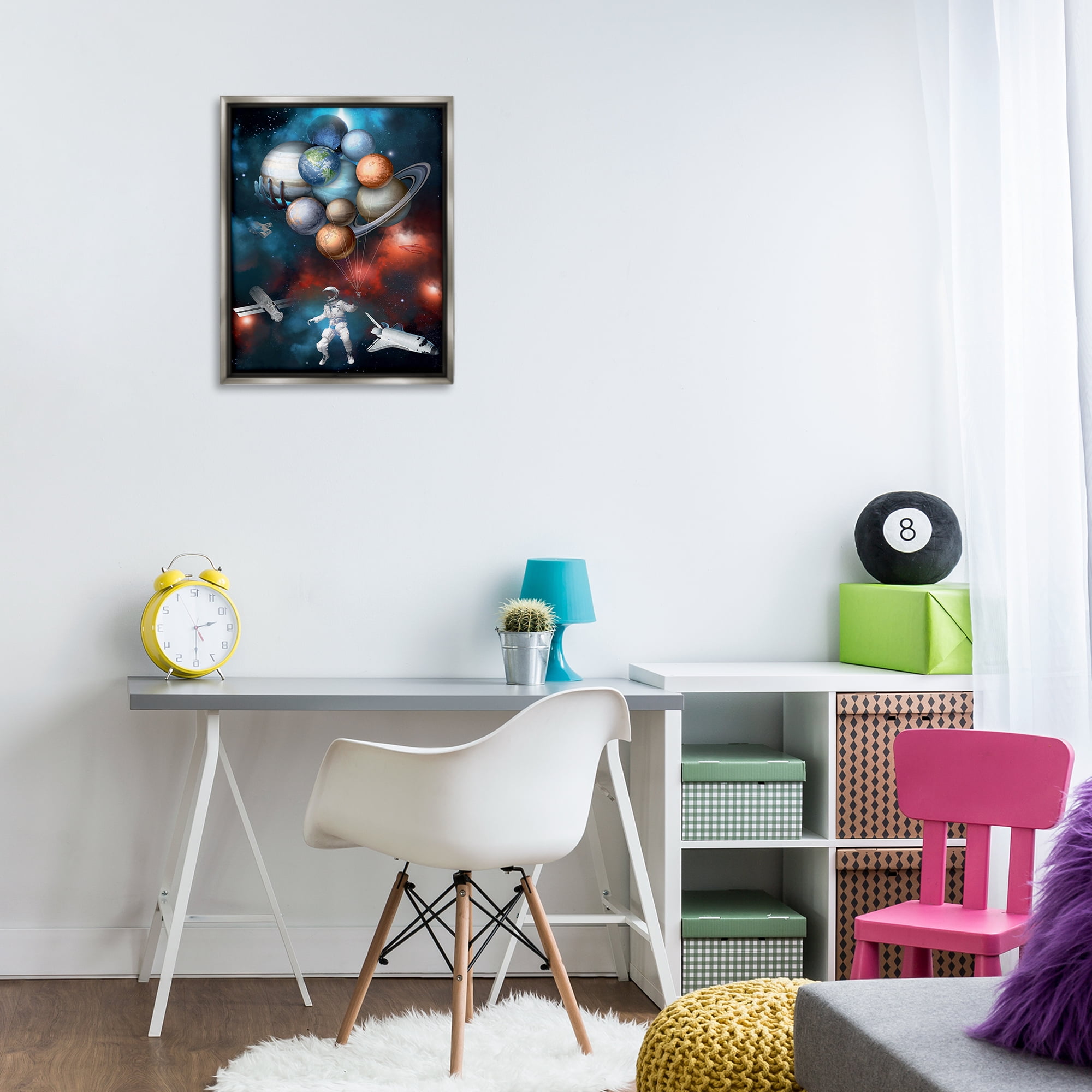 Stupell Industries Planet Balloons in Space Astrology & Stars Painting Gray Floater Framed Canvas Art Print Wall Art, 17 x 21
