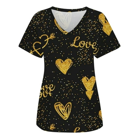 

Women Scrubs Top Love Heart Printed Fashion Short Sleeve Workwear V Neck With Pocket Spring Summer Daily Nursing Uniforms Nursing Care Working Uniforms