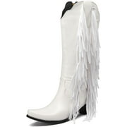 Fringe Cowboy Boots for Women,Western Cowgirl Boots Women Zipper Chunky Heel Vintage Knee High Boots