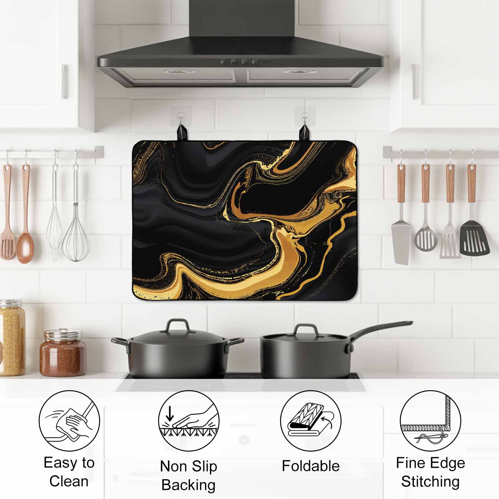 Marble Black Stove Top Cover for Electric Stove, Heat-proof & Non Slip Glass Top Stove Cover Protector, Vintage Gold Art Abstract Farmhouse Kitchen Flat Cooktop Rubber Mat 24x21 Inches