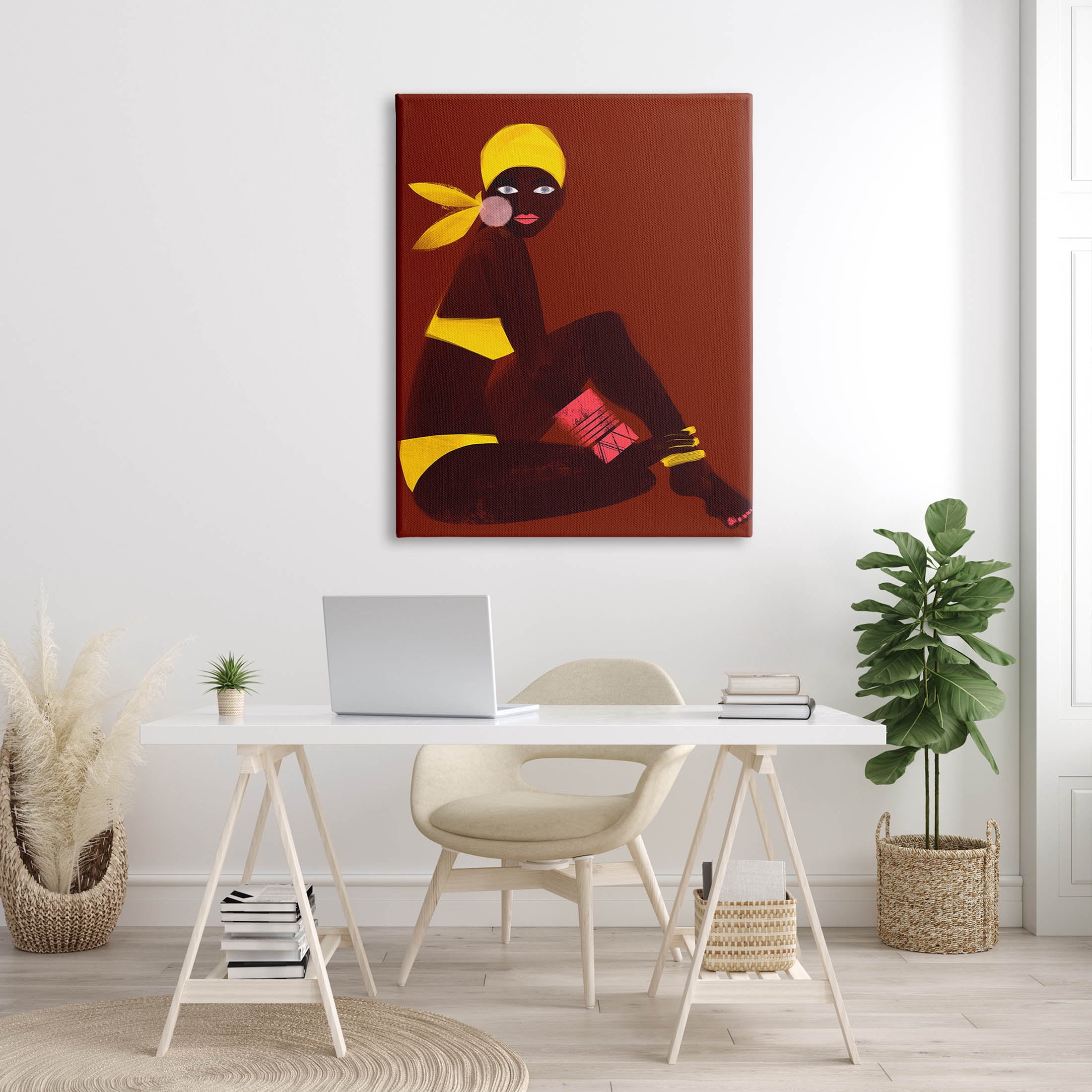 Woman Sitting Yellow Swimsuit Abstract Graphic Art Gallery Wrapped Canvas Print Wall Art