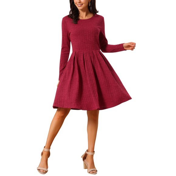 INSPIRE CHIC Women's Long Sleeve Dresses Round Neck Loose A- Line Swing Knee Length Dress with Pockets S Wine Red