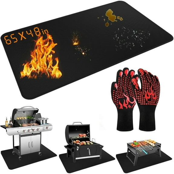 PureWellness Large 65x48in Under Grill Mats, Double-Sided Fireproof Grill Pad Mat, Indoor Fireplace/Fire Pit Mat, Waterproof Heat Resistant Protector for Decks Outdoor & Patios, with 2pcs BBQ Glove