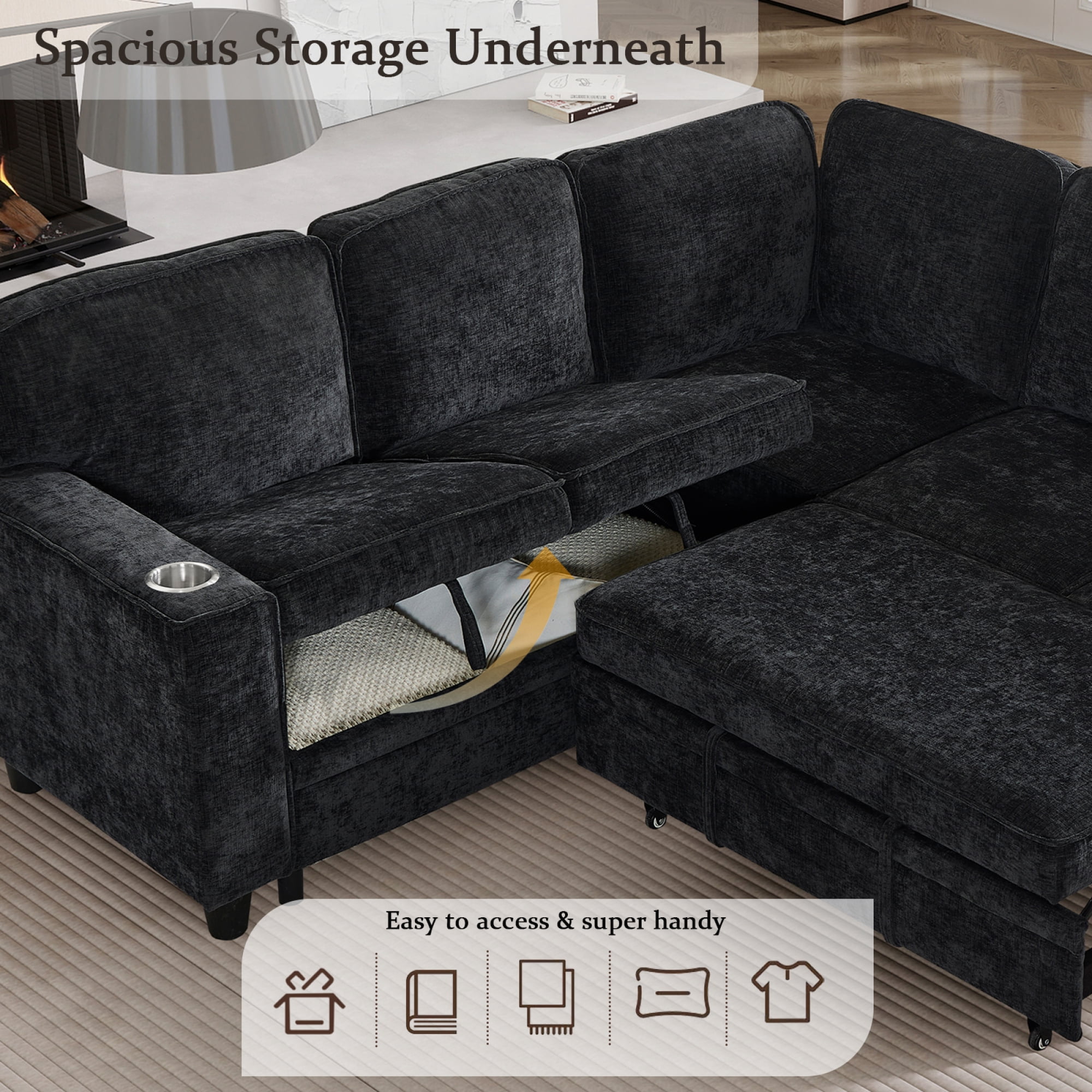 5-Seat L-Shaped Sectional Sofa with Pull-Out Bed, Reversible Chaise with Storage, Sleeper Sofa Couch Bed with USB & Type-C Charging Ports, Chenille Fabric Couch for Living Room, Apartment