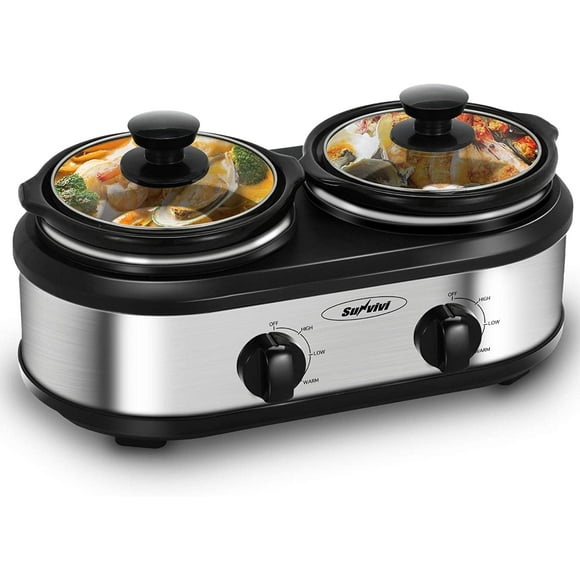 Sunvivi Dual Pot Slow Cooker, 2 Pot Small Mini Crock Buffet Server and Warmer, Upgraded Oval Ceramic Double Pot Buffet Food Warmer Adjustable Temp Glass Lid, Total 2.5 Quarts