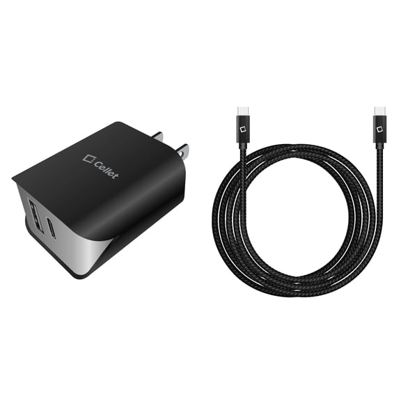 Cellet UL Certified 18W 2-Port USB-C Power Adapter with USB-C to USB-C Nylon Braided Cable for Samsung Galaxy Z Flip 5 - Black