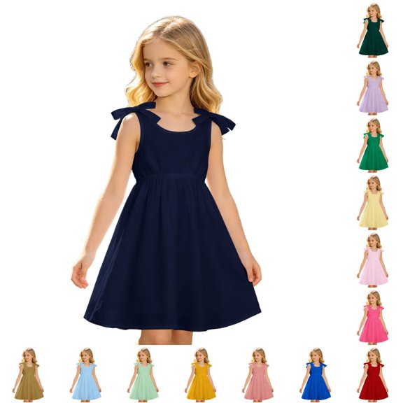 Rggeeun Child Girls Dresses Solid Color Wide Bowknot Straps V Neck A Line Waist Draping Ankle Length for Summer Travel Party Leisure Sundress,Blue,7-8 Years