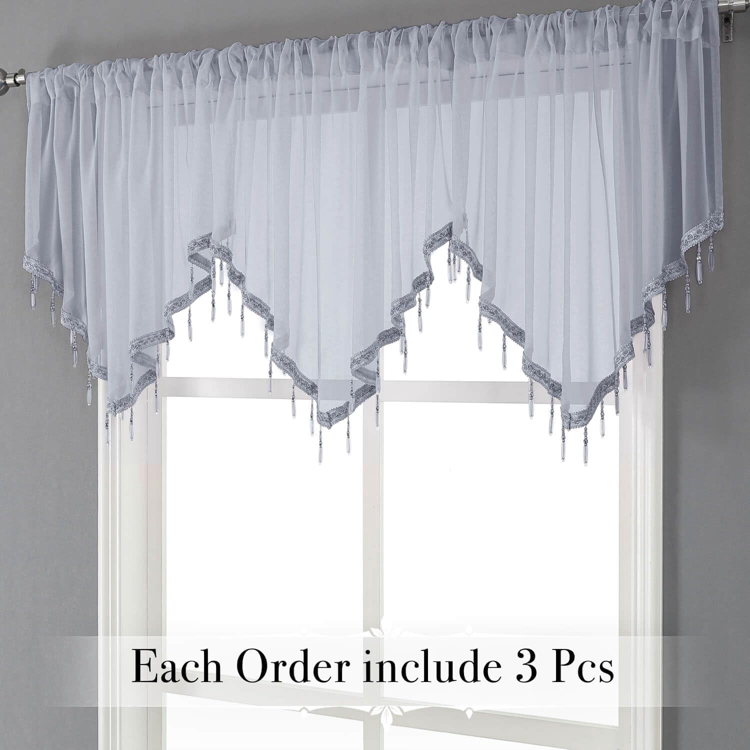 Kiibsot 3-Pack Halloween Beaded Sheer Valance Curtains for Windows, Triangle Sheer Voile Kitchen Swag Curtain Valances Boho Bead Tassels Window Valances for Bedroom Living Room, Each 51 x 24 Inch