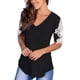 thumbnail image 2 of Blusa de manga corta con costuras de encaje, cuello en V, camisa clásica de color puro, verano para mujer, mujer, negro, XL, 2 of 6