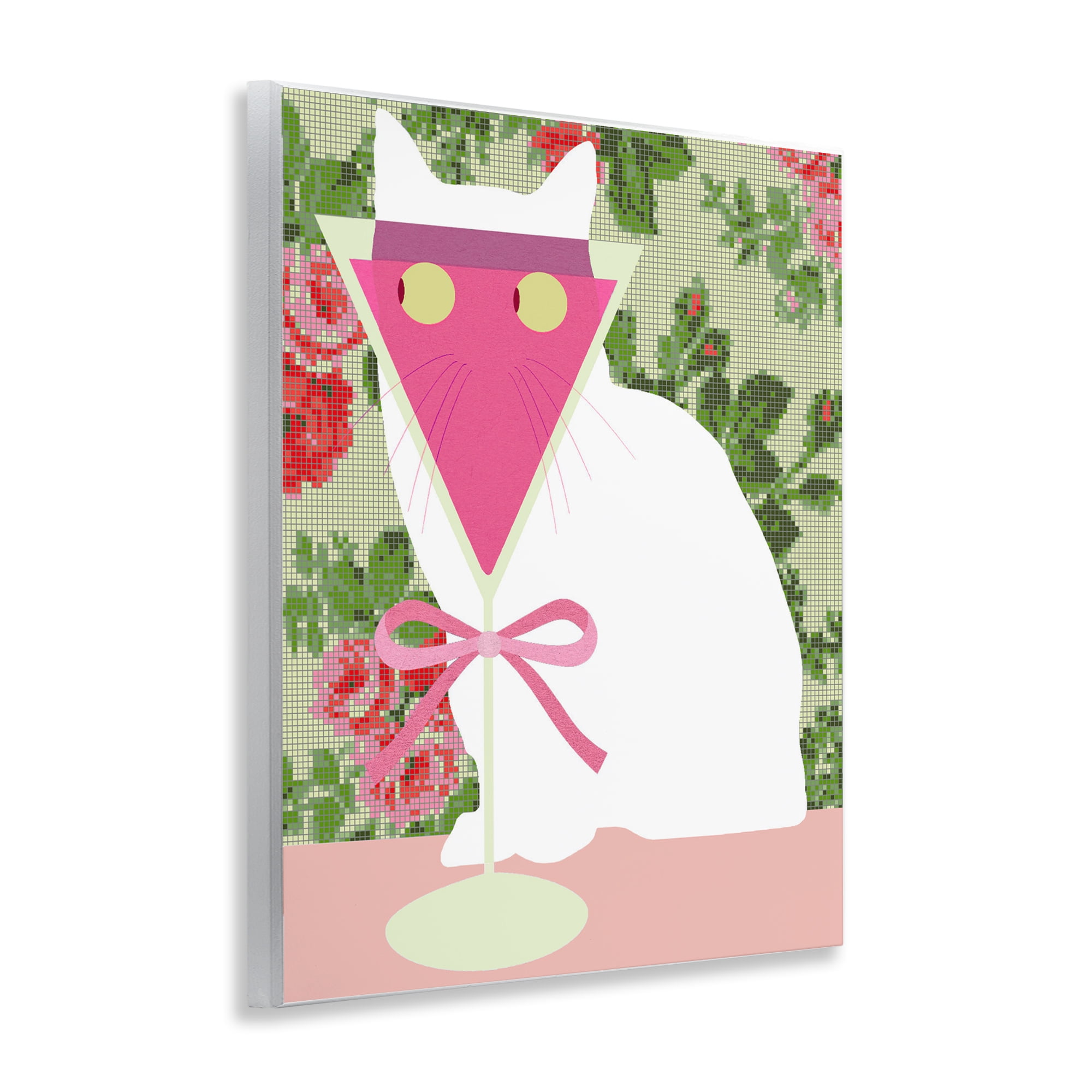 Stupell Industries White Cat with Pink Martini Wall Plaque Art, design by Lil' Rue