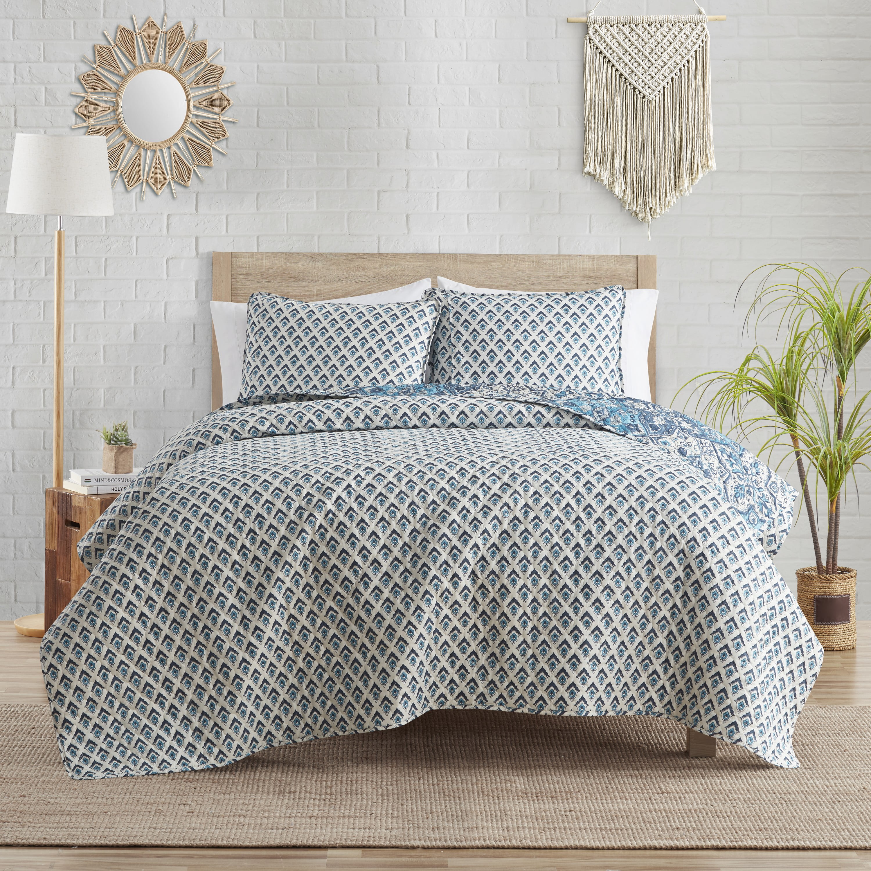 Indigo Ink Denim 3-Piece Blue Reversible Medallion Boho Quilt Set, Twin