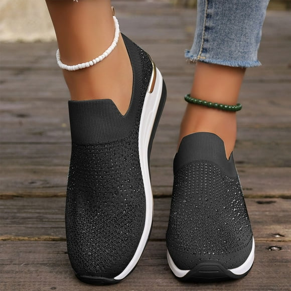 SEANOPEN Deals Walking Tennis Shoes for Womens Knit Slip on Breathable Mesh Sneakers Comfortable Sneaker Elastic Sock Slip On Lightweight Non-Slip Fall Shoes Size 9 Black