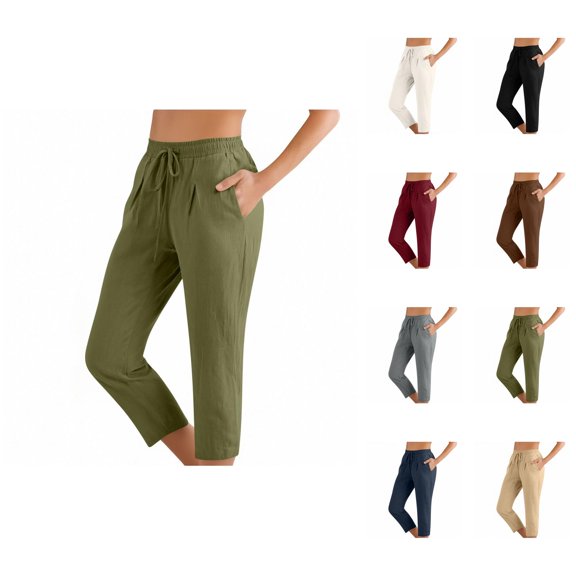 Cotton Linen Capri Pants for Women Elastic Waist Relaxed Fit Straight Leg Cropped Pants with Pockets Womens Capris