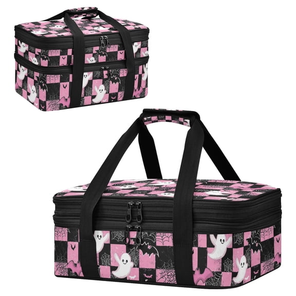 Large Double Decker Insulated Casserole Carrier Expandable 2-Layer Thermal Food Tote Bag Cartoon Ghosts Hot Cold Pizza Lasagna Holder for Potluck Picnic Party Camping