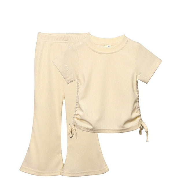 Shirts for girls Solid Short Sleeved Round Neck Top Flare Pants Two Piece Set