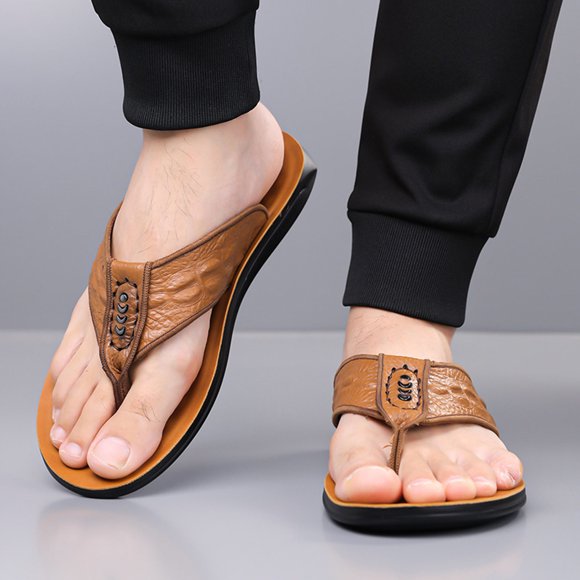 Wensltd Men's Flip Fliops Fashion Casual Soft Leather Spring and Summer Breathable Beach Sandals