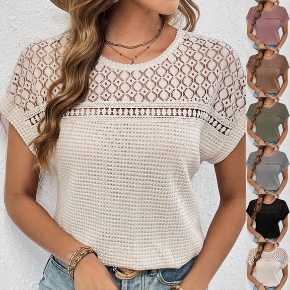 ZyeKqe Summer Tops for Women Trendy Crochet Short Sleeve Shirts Hollow out Crewneck T Shirts Beach Vacation Top