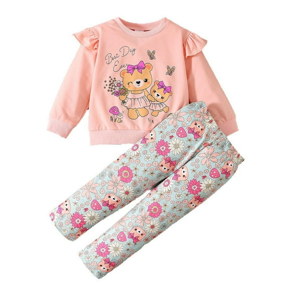 Little Cute Girls Outfits 2 Piece Set Winter Bear Print Top With Floral Pants Casual Soft Outfit Clothes Red Size 7-8T