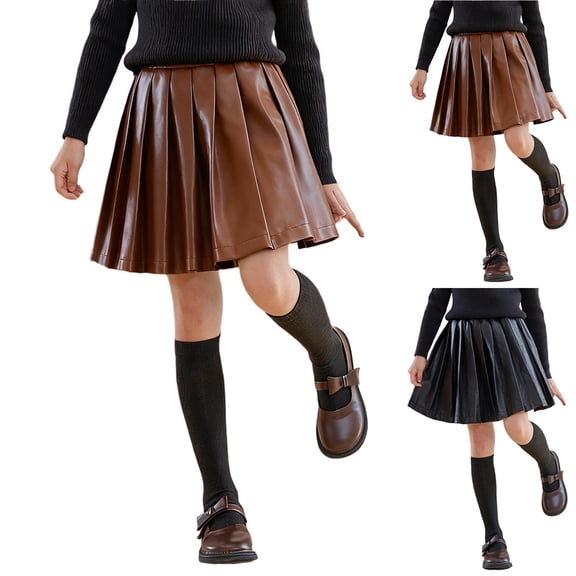 THDHVS Uniform Skirts for Girls,Faux Leather Pleated Skirt Stretchy Elastic Waistband Preppy Style for Toddler Girls Party Wear or Fashion Look,Pleated Skirt