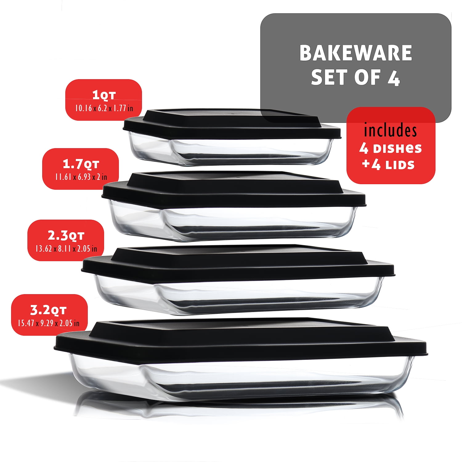 LammaLoe Glass Baking Dish with Lids, 8 Piece Deep Casserole Dish, Rectangular Pans for Baking