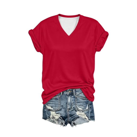 Staron Women's Casual V-Neck Short Sleeve T-Shirt Basic Solid Color Top Layering Loose Fit Everyday Tee, Red M